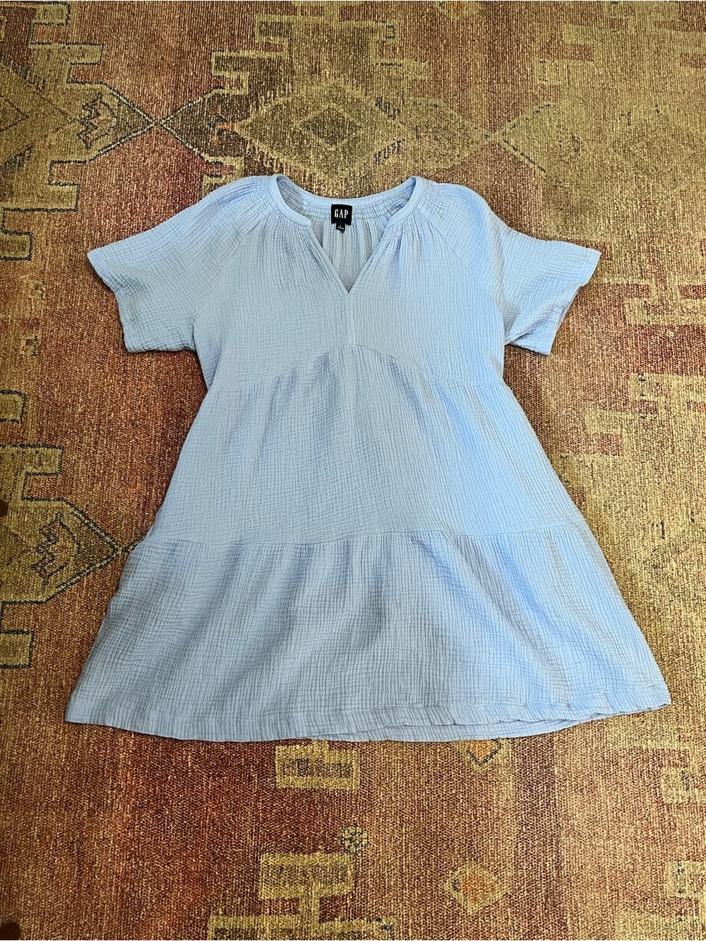 Gap v neck short sleeve cotton gauze light blue tiered mini dress square sz lg